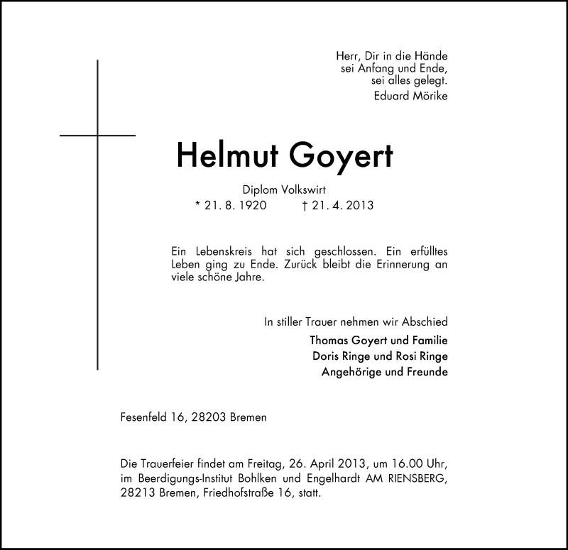 Traueranzeige von Helmut Goyert von WESER-KURIER