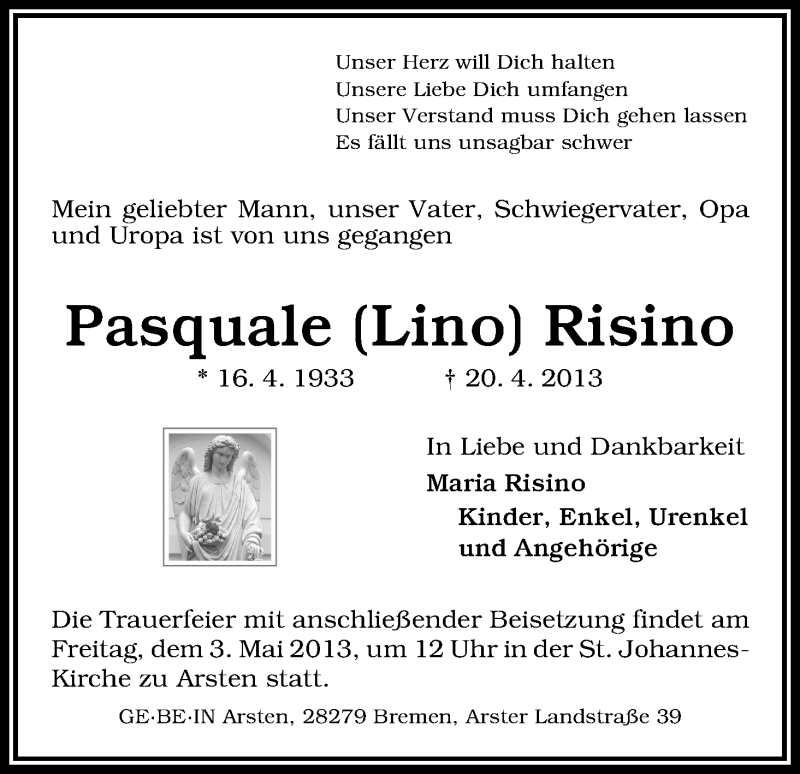Traueranzeige von Pasquale Risino von WESER-KURIER