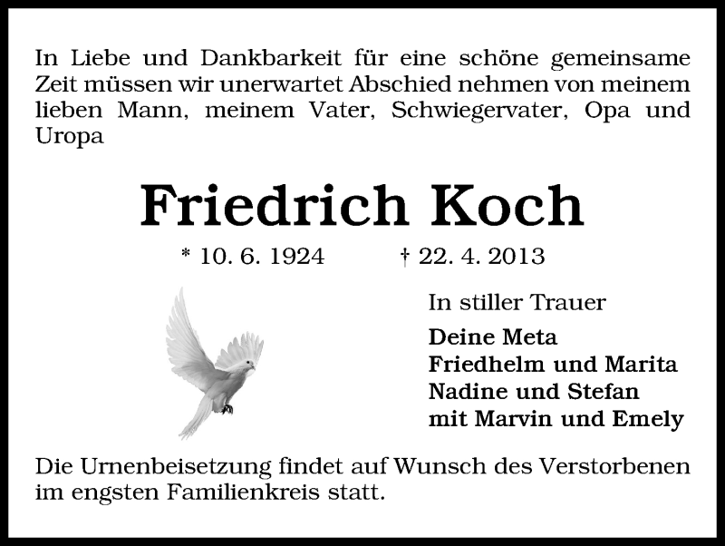Traueranzeige von Friedrich Koch von WESER-KURIER