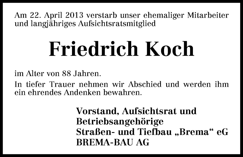 Traueranzeige von Friedrich Koch von WESER-KURIER