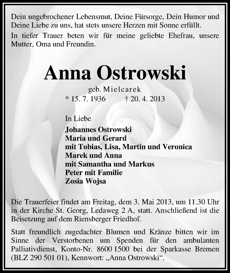 Traueranzeige von Anna Ostrowski von WESER-KURIER