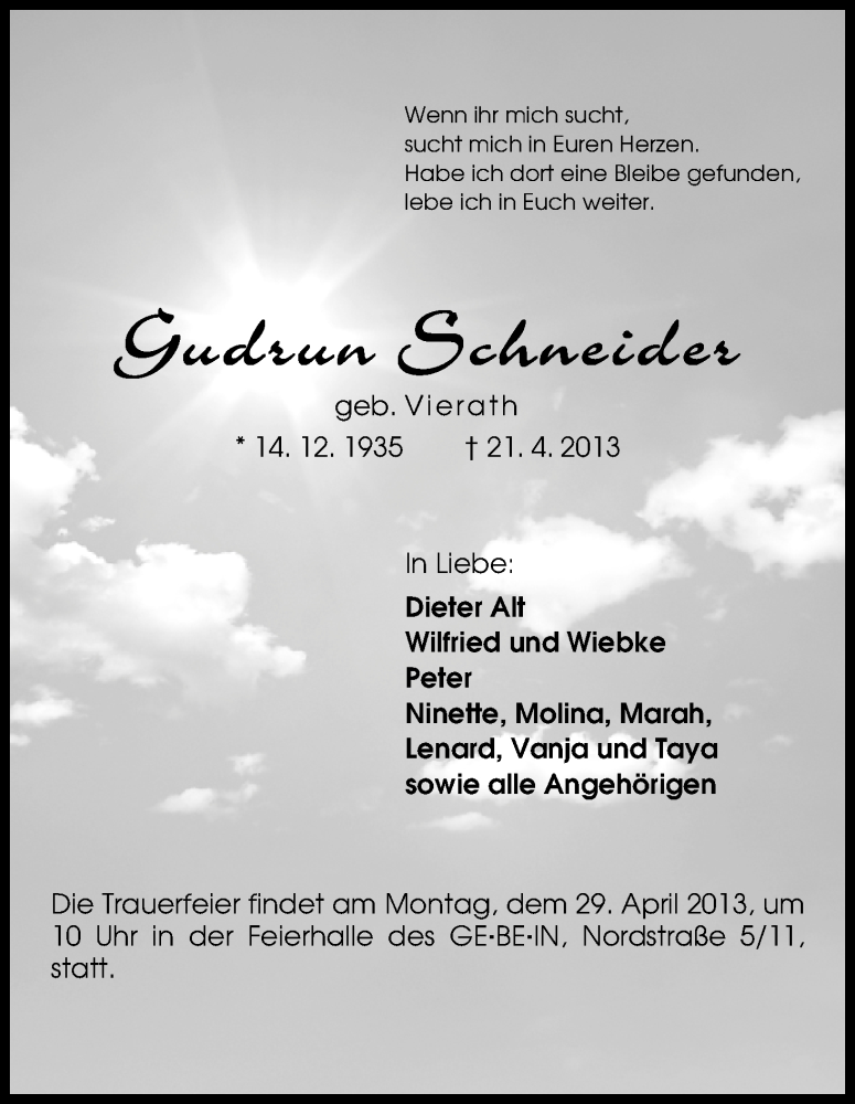 Traueranzeige von Gudrun Schneider von WESER-KURIER
