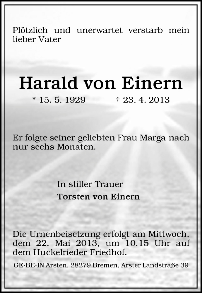 Traueranzeige von Harald von Einern von WESER-KURIER