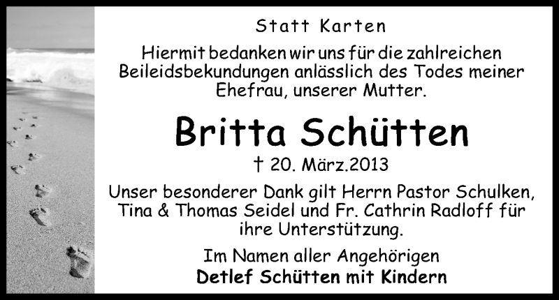 Traueranzeige von Britta Schütten von WESER-KURIER