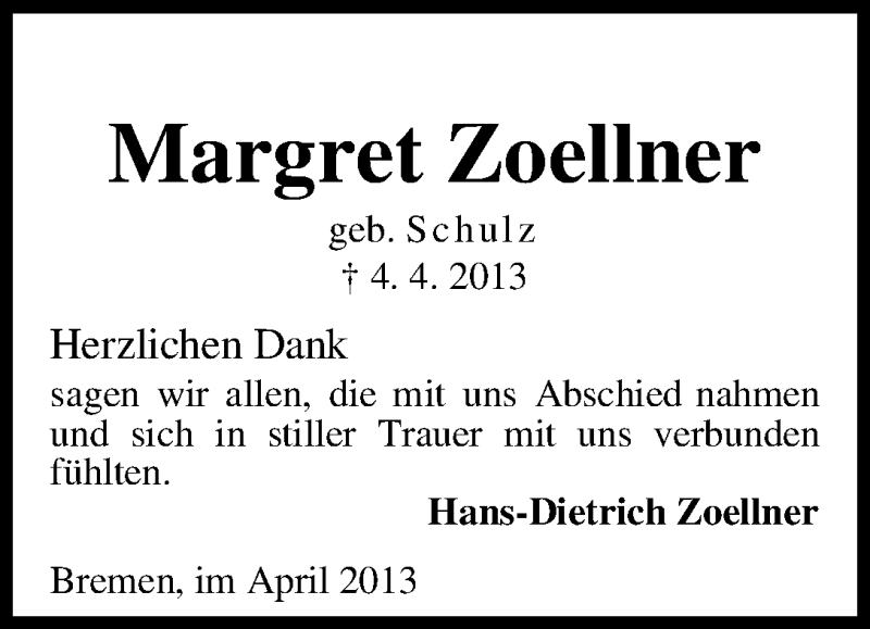 Traueranzeige von Margret Zoellner von WESER-KURIER
