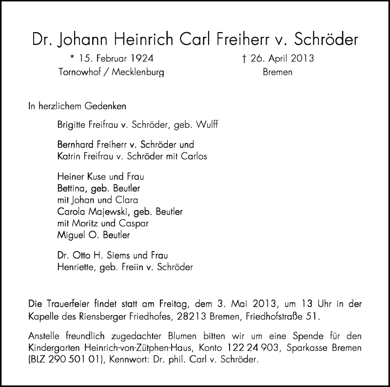 Traueranzeige von Johann Heinrich Carl Freiherr von Schröder von WESER-KURIER