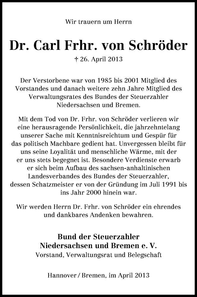 Traueranzeige von Johann Heinrich Carl Freiherr von Schröder von WESER-KURIER