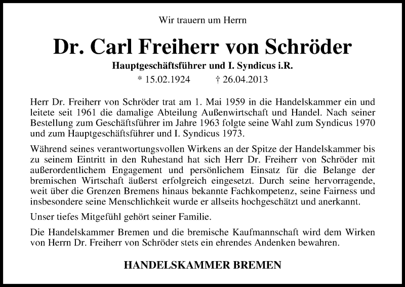 Traueranzeige von Johann Heinrich Carl Freiherr von Schröder von WESER-KURIER