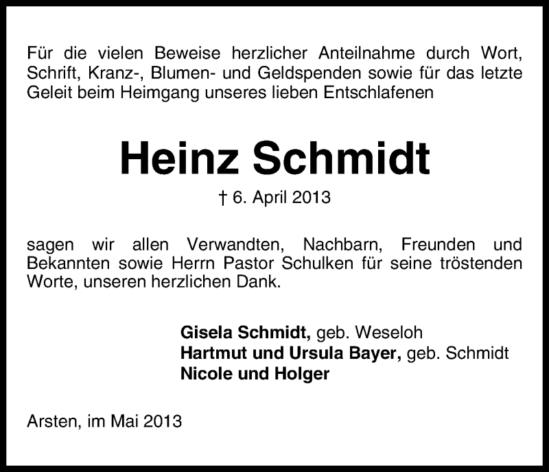 Traueranzeige von Heinz Schmidt von WESER-KURIER