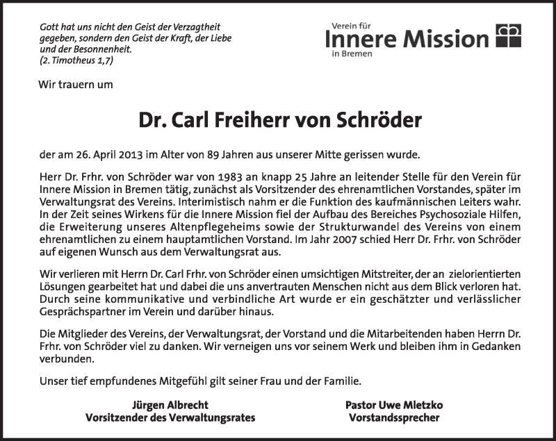 Traueranzeige von Johann Heinrich Carl Freiherr von Schröder von WESER-KURIER