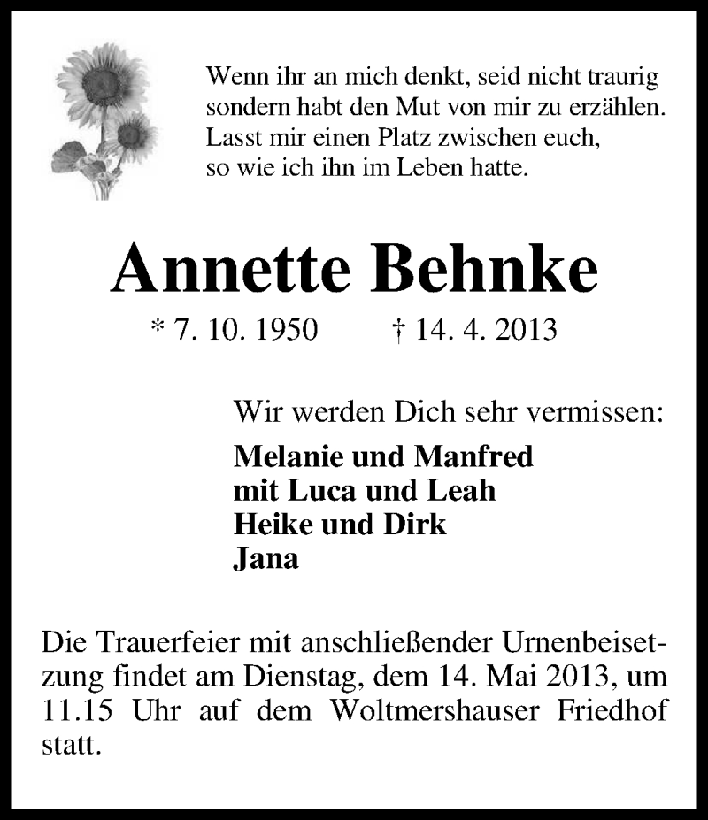 Traueranzeige von Annette Behnke von WESER-KURIER