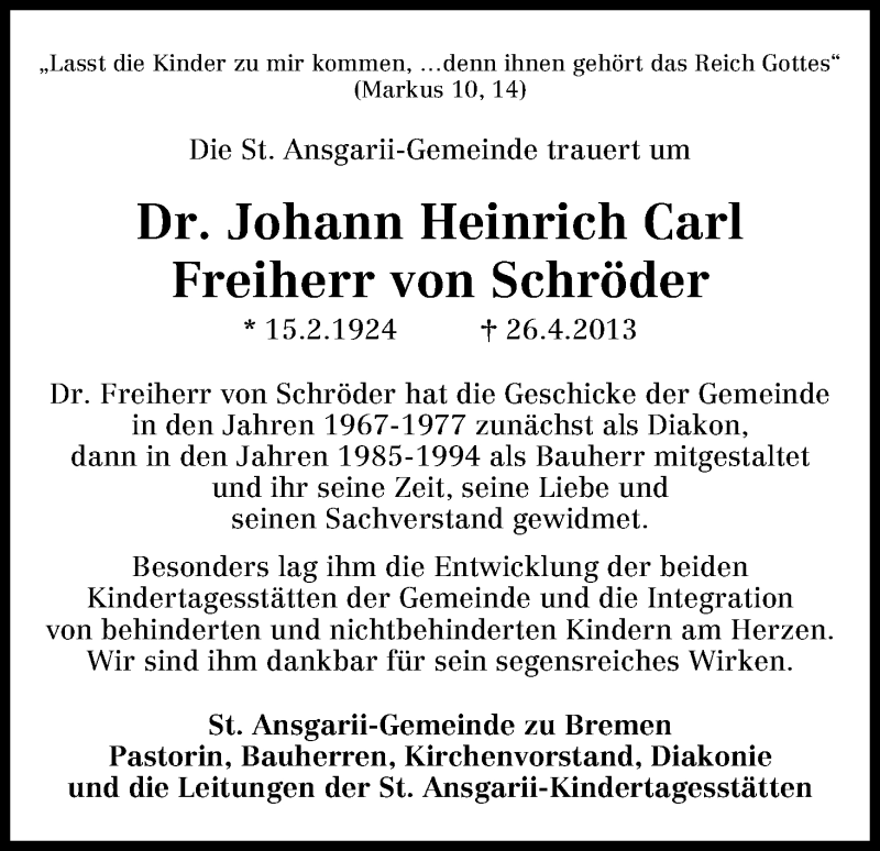 Traueranzeige von Johann Heinrich Carl Freiherr von Schröder von WESER-KURIER