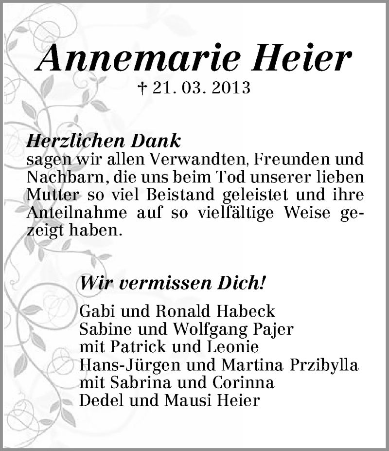 Traueranzeige von Annemarie Heier von WESER-KURIER