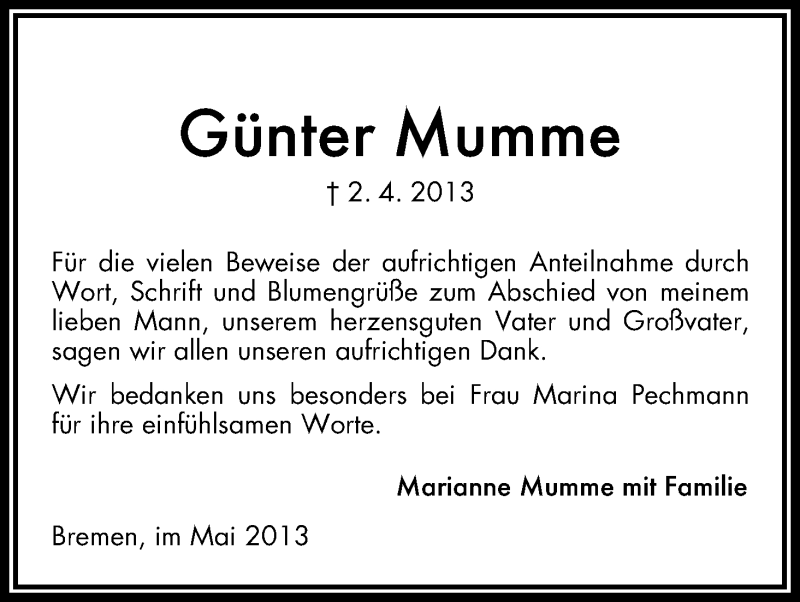 Traueranzeige von Günter Mumme von WESER-KURIER