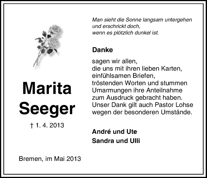 Traueranzeige von Marita Seeger von WESER-KURIER