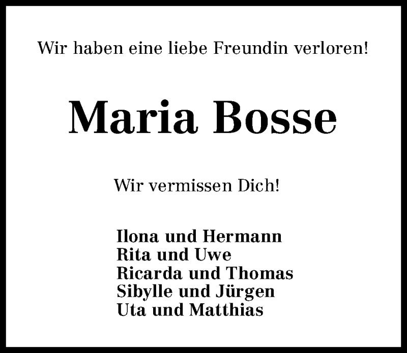 Traueranzeige von Maria Bosse von WESER-KURIER