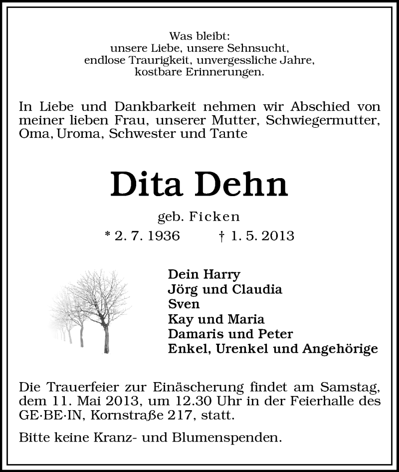 Traueranzeige von Dita Dehn von WESER-KURIER