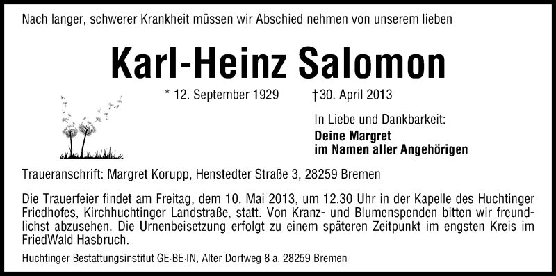 Traueranzeige von Karl Heinz Salomon von WESER-KURIER