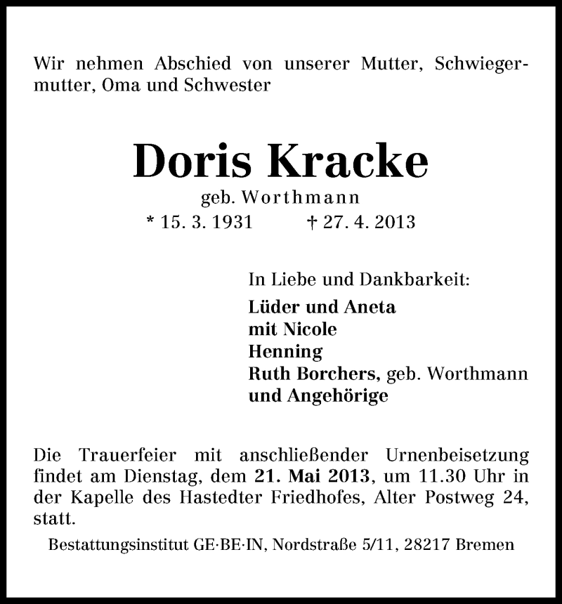 Traueranzeige von Doris Kracke von WESER-KURIER
