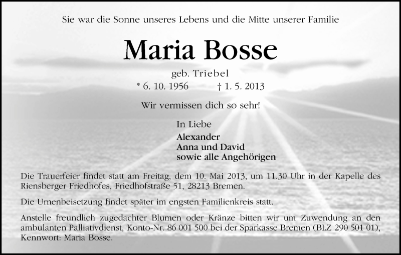 Traueranzeige von Maria Bosse von WESER-KURIER
