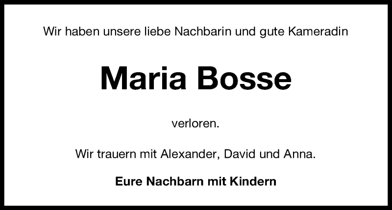 Traueranzeige von Maria Bosse von WESER-KURIER