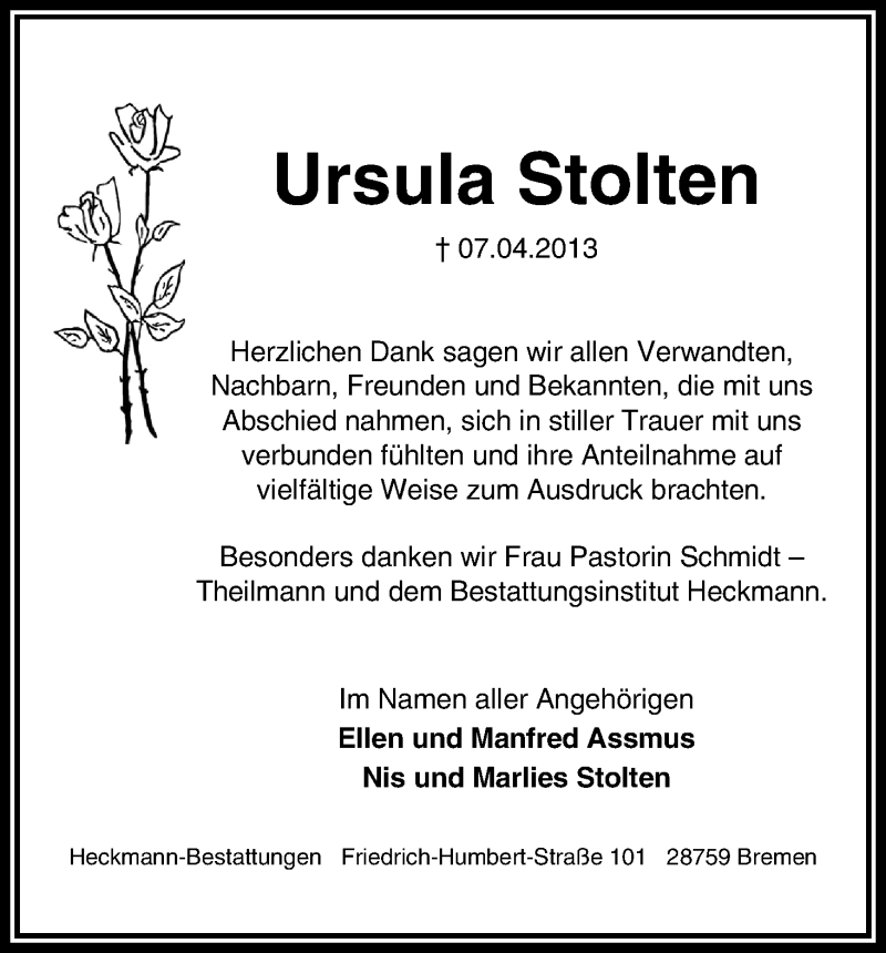 Traueranzeige von Ursula Stolten von WESER-KURIER