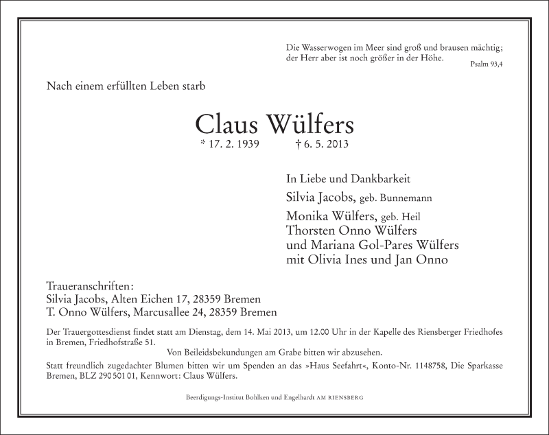 Traueranzeige von Claus Wülfers von WESER-KURIER