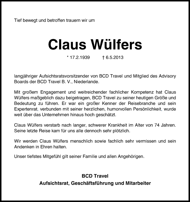 Traueranzeige von Claus Wülfers von WESER-KURIER