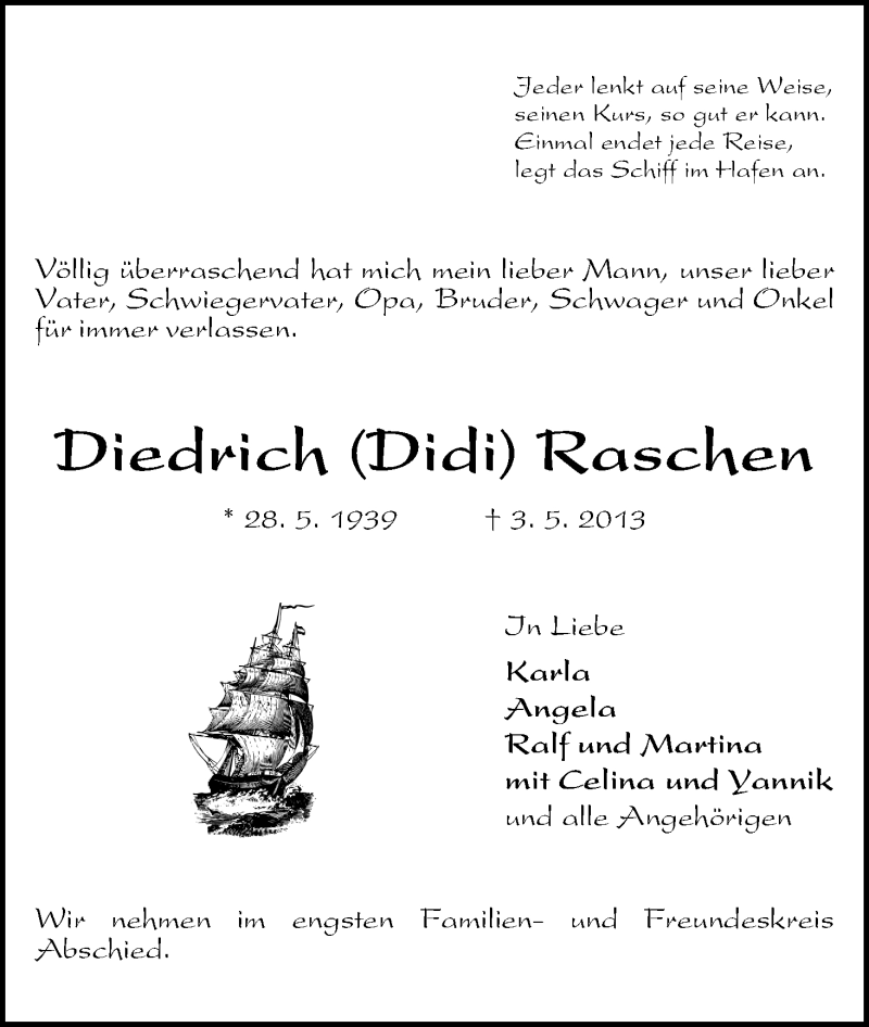 Traueranzeige von Diedrich Raschen von WESER-KURIER