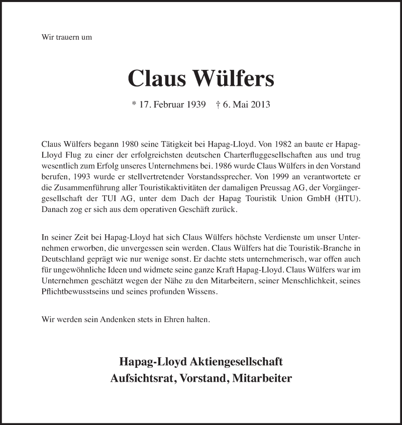 Traueranzeige von Claus Wülfers von WESER-KURIER