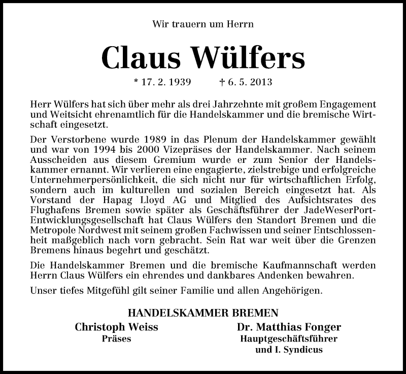 Traueranzeige von Claus Wülfers von WESER-KURIER