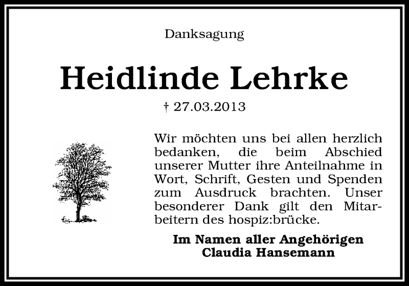 Traueranzeige von Heidlinde Lehrke von WESER-KURIER