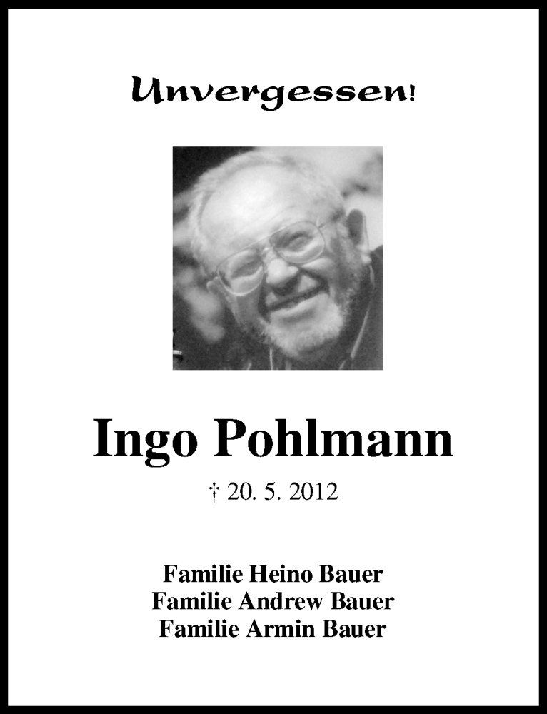 Traueranzeige von Ingo Pohlmann von WESER-KURIER