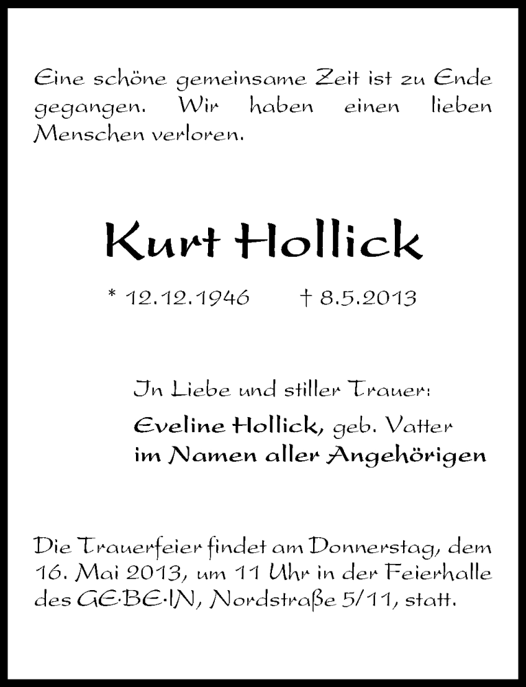 Traueranzeige von Kurt Hollick von WESER-KURIER