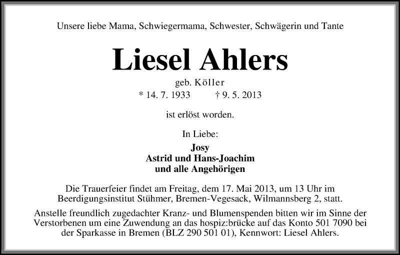 Traueranzeige von Liesel Ahlers von WESER-KURIER