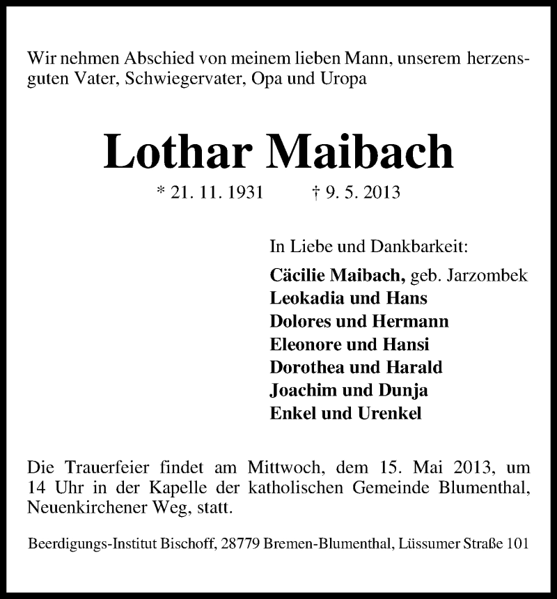 Traueranzeige von Lothar Maibach von WESER-KURIER
