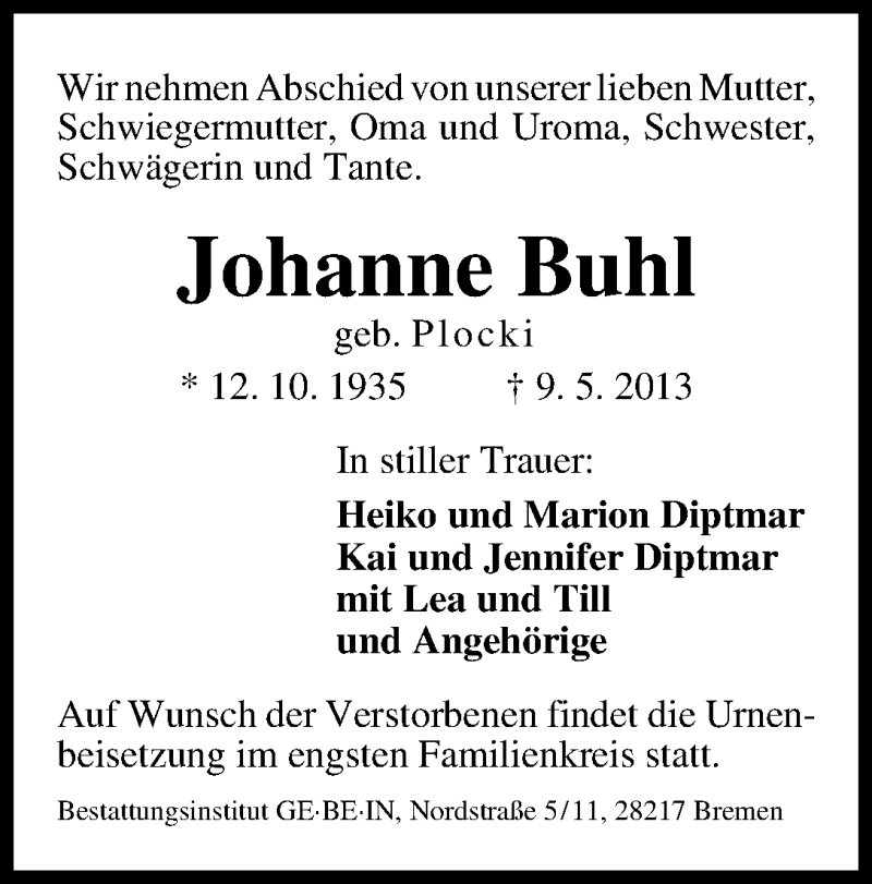 Traueranzeige von Johanne Buhl von WESER-KURIER