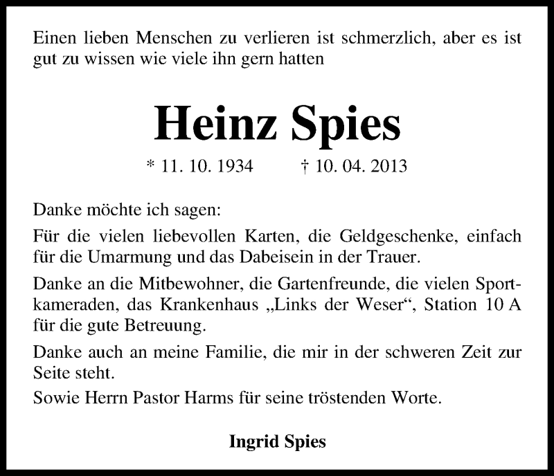 Traueranzeige von Heinz Spies von WESER-KURIER