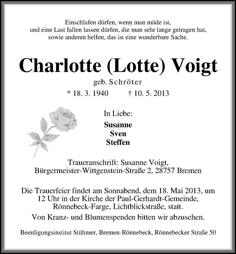 Traueranzeige von Charlotte Voigt von WESER-KURIER