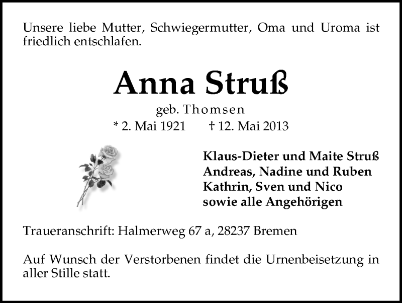 Traueranzeige von Anna Struß von WESER-KURIER