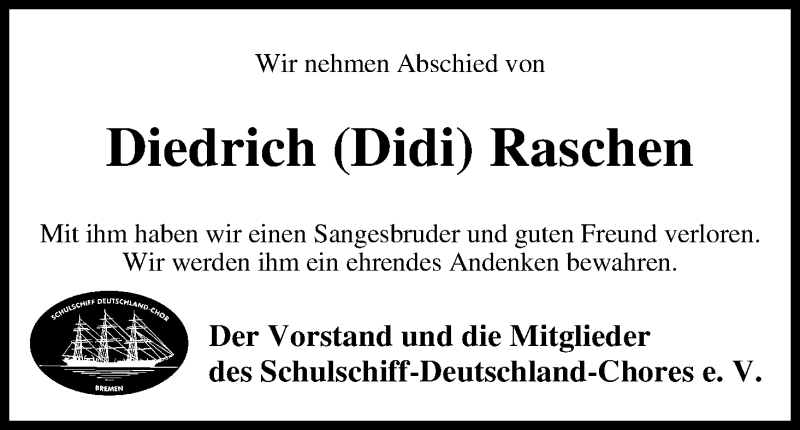 Traueranzeige von Diedrich Raschen von WESER-KURIER