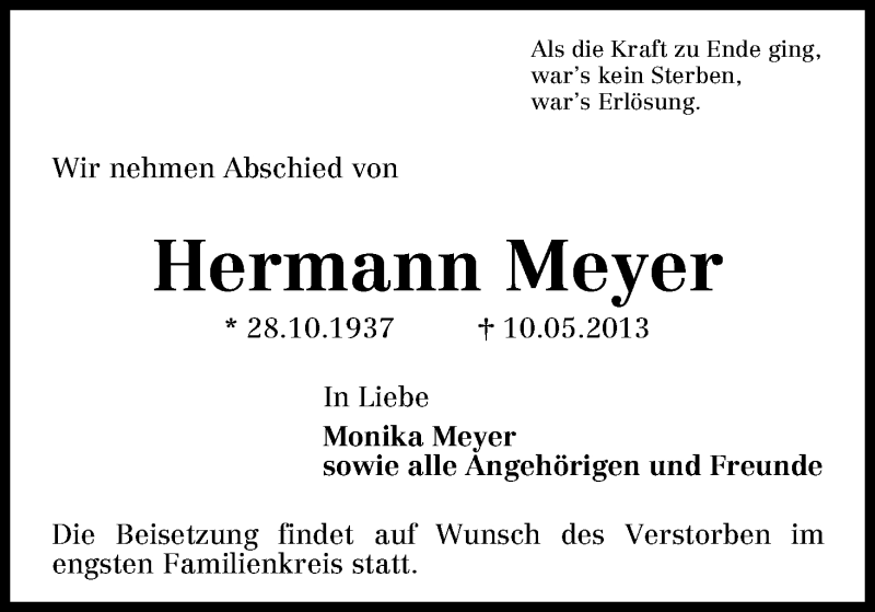 Traueranzeige von Hermann Meyer von WESER-KURIER