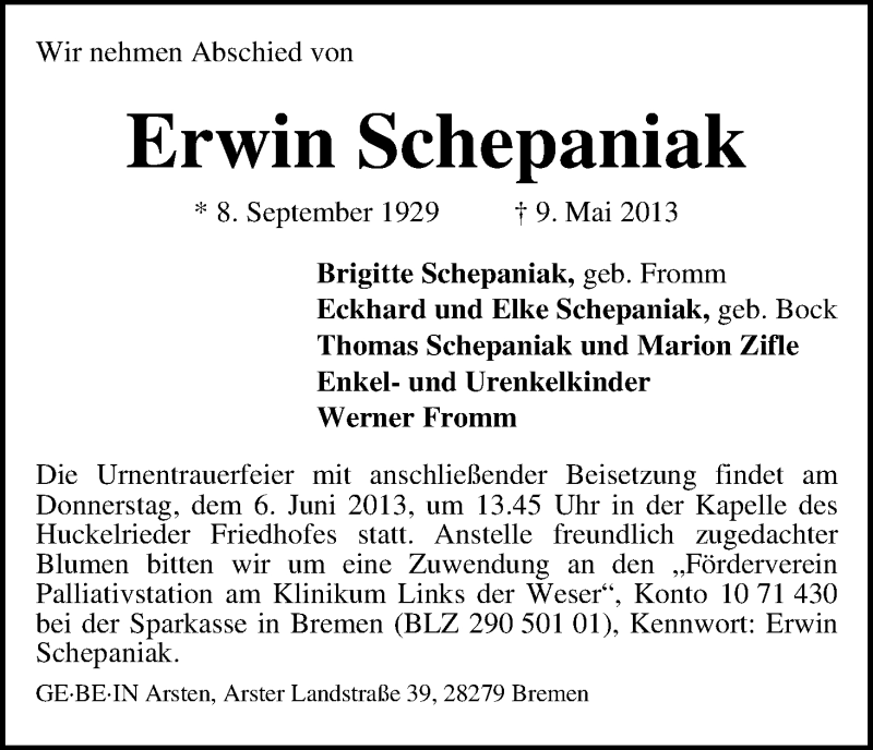 Traueranzeige von Erwin Schepaniak von WESER-KURIER