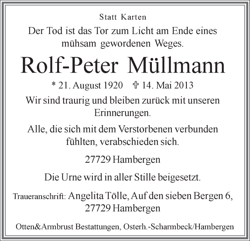 Traueranzeige von Rolf-Peter Müllmann von WESER-KURIER