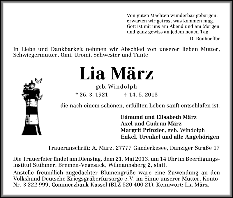 Traueranzeige von Lia März von WESER-KURIER