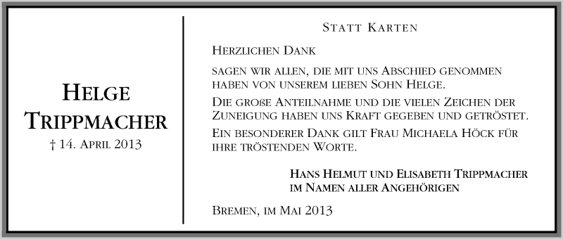 Traueranzeige von Helge Trippmacher von WESER-KURIER