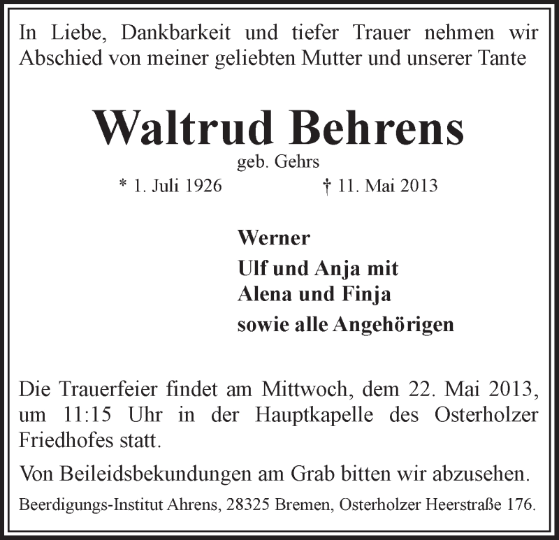 Traueranzeige von Waltraud Behrens von WESER-KURIER