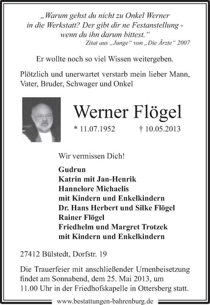 Traueranzeige von Werner Flögel von WESER-KURIER