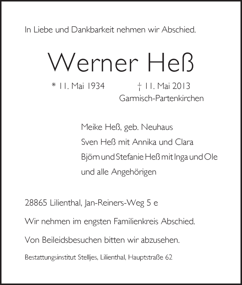 Traueranzeige von Werner Heß von WESER-KURIER
