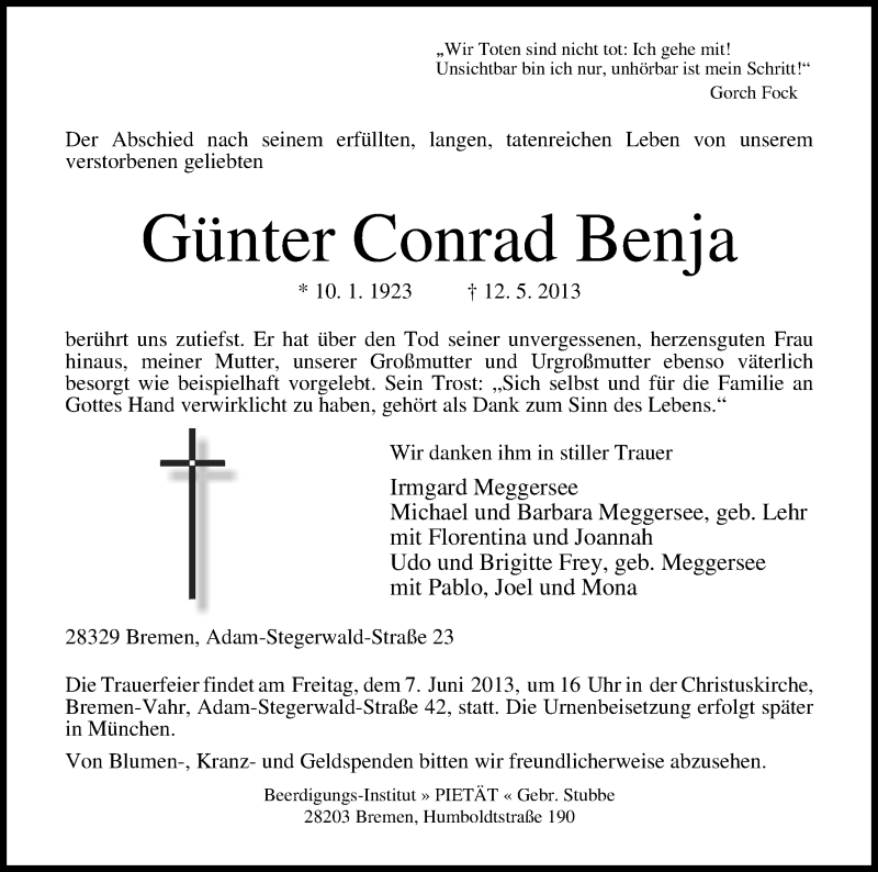 Traueranzeige von Günter Conrad Benja von WESER-KURIER